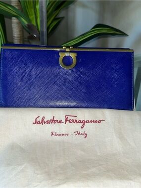 Salvatore Ferragamo Cobalt Blue Leather Clutch with Gold-Tone Hardware